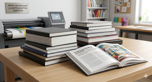 Tumpukan buku cetak satuan dengan cover dan halaman yang berbeda, menunjukkan fleksibilitas dan kualitas percetakan digital